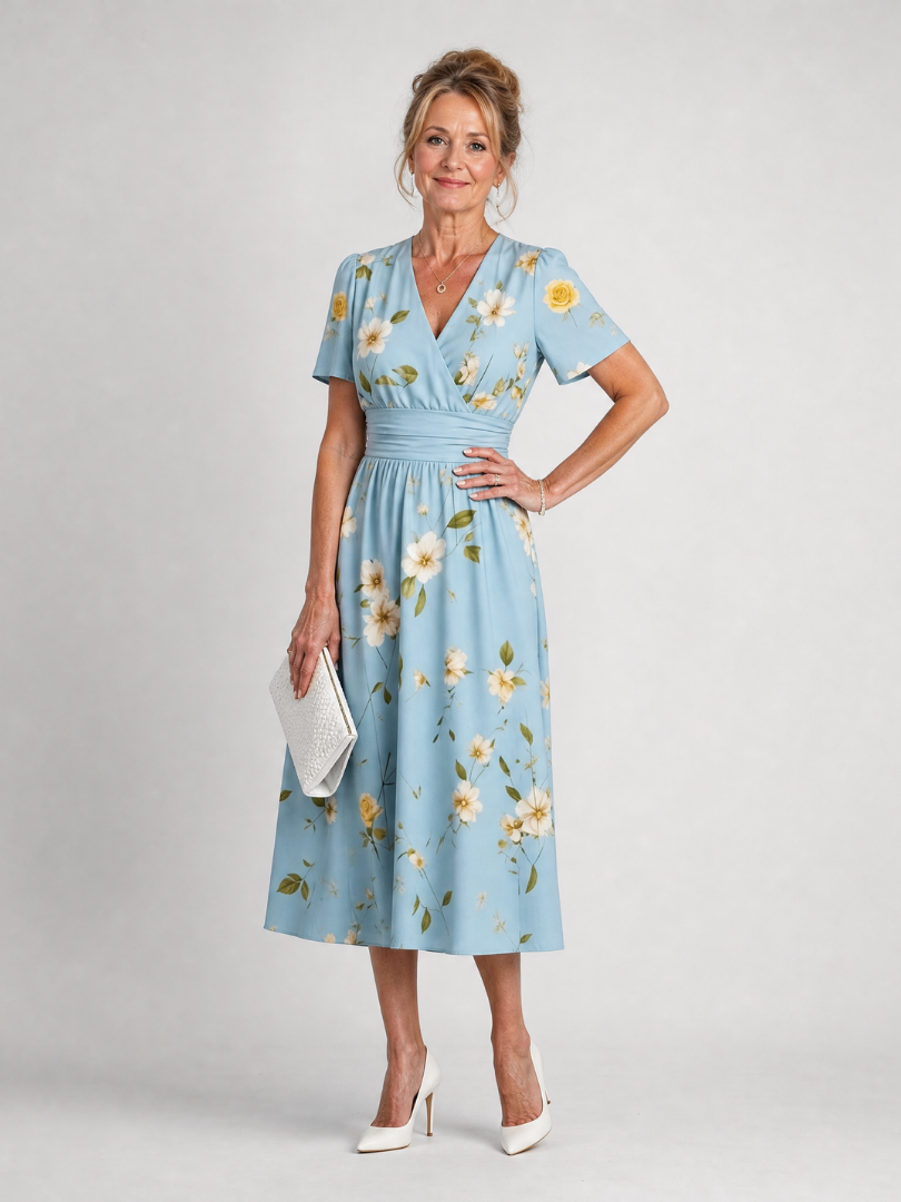 Irene | Midikleid mit Blütendruck in Hellblau
