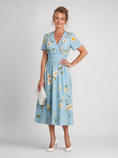 Irene | Midikleid mit Blütendruck in Hellblau