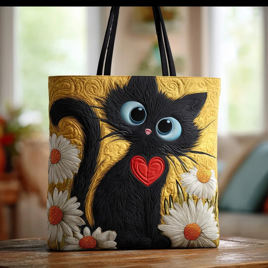 Heidrun | Gesteppte Tragetasche mit Motiv Schwarze Katze mit Gänseblümchen