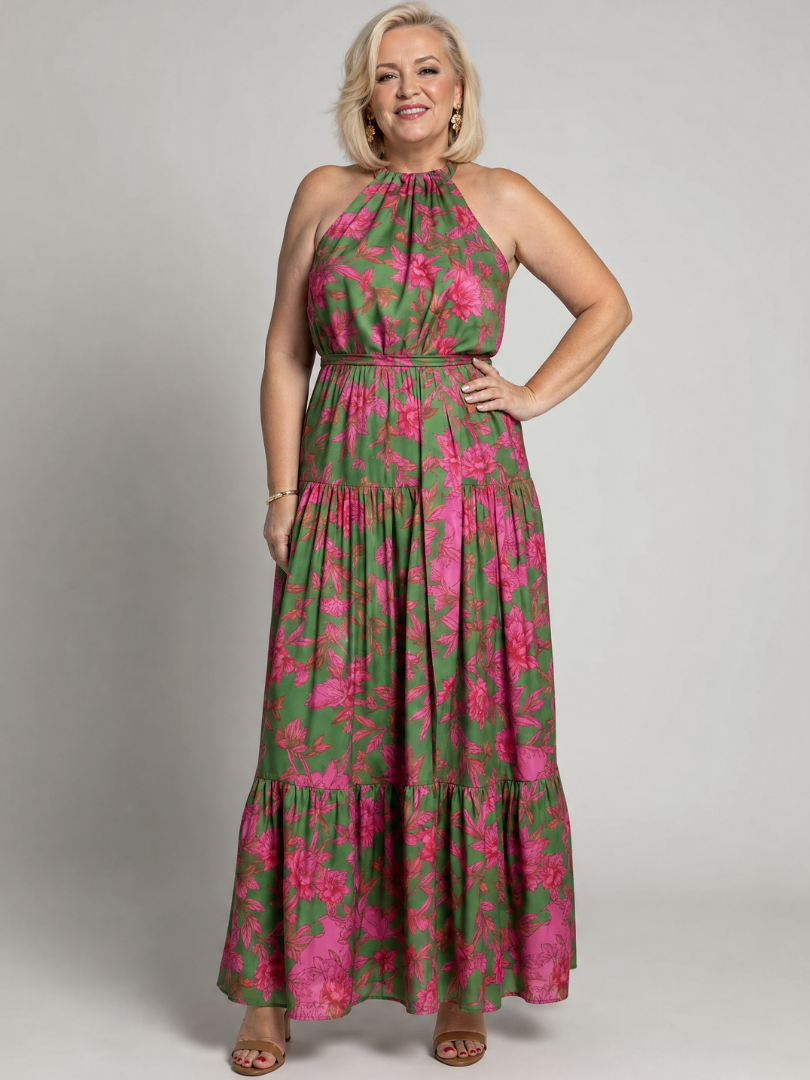 Marika-Luise | Midikleid mit Blütendruck in Grün und Pink