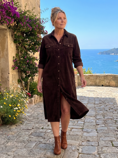 Beatrix | Hemdblusenkleid in Camel aus Cordoptik