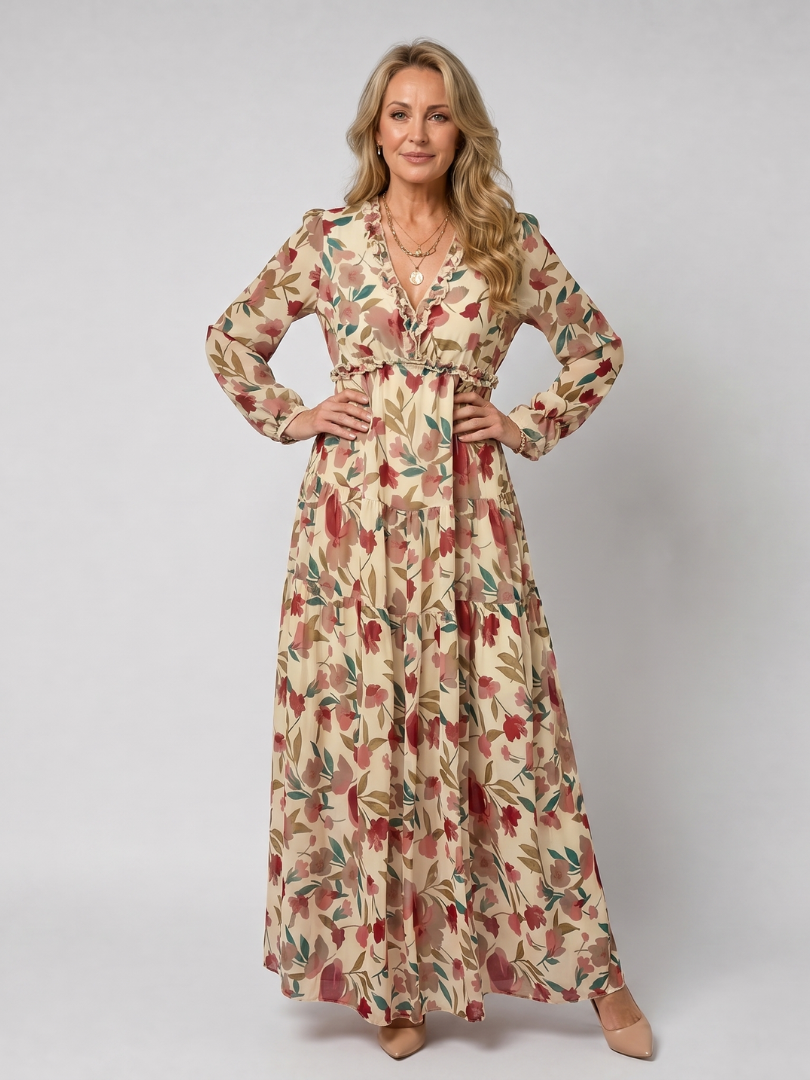 Adele | Maxikleid mit Blütendruck in Koralle