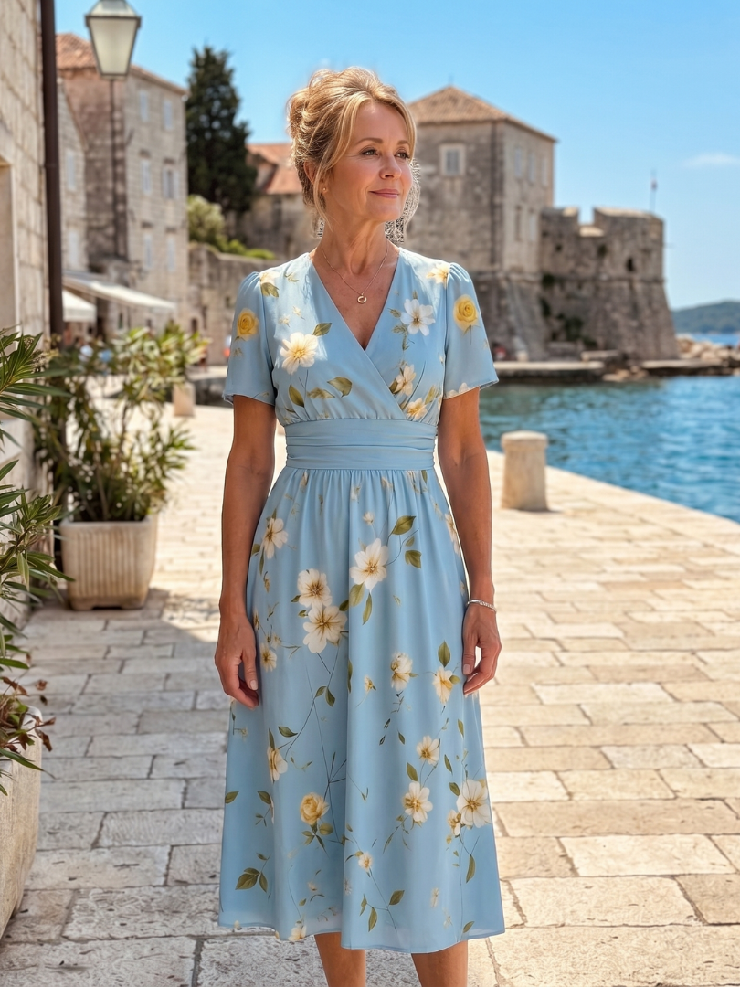 Irene | Midikleid mit Blütendruck in Hellblau