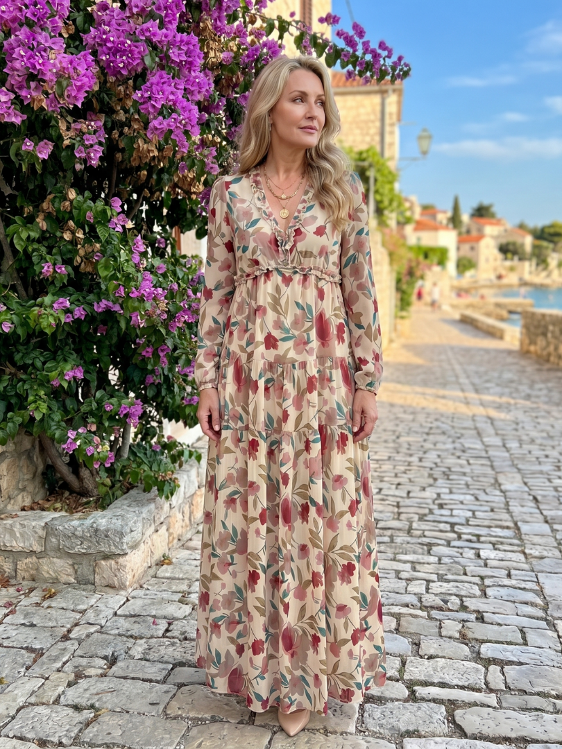 Adele | Maxikleid mit Blütendruck in Koralle
