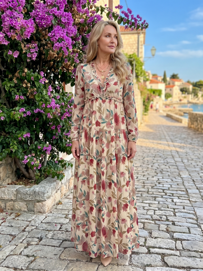 Adele | Maxikleid mit Blütendruck in Koralle