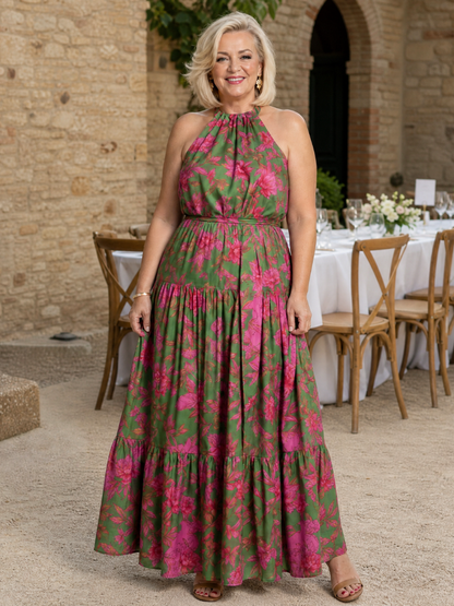 Marika-Luise | Midikleid mit Blütendruck in Grün und Pink