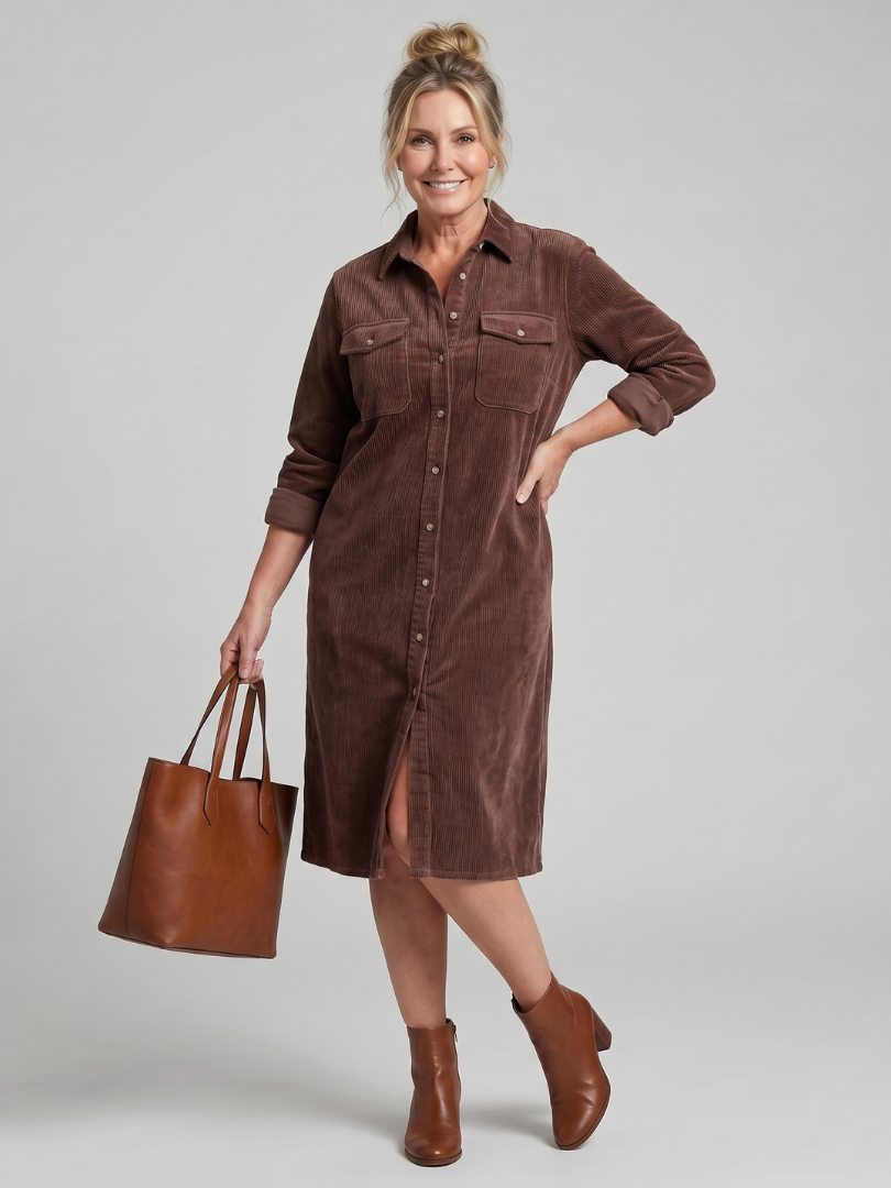 Beatrix | Hemdblusenkleid in Camel aus Cordoptik