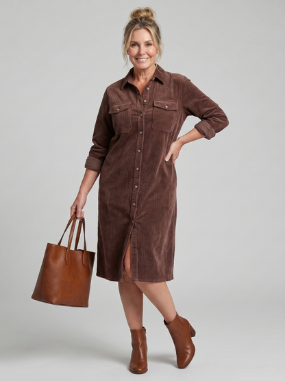 Beatrix | Hemdblusenkleid in Camel aus Cordoptik