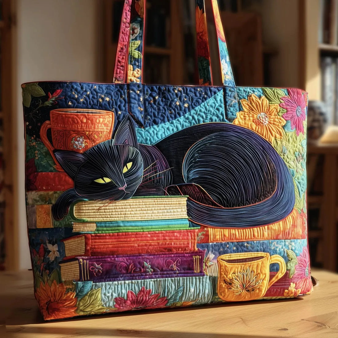 Gisa | Gesteppte Tragetasche mit Motiv Schwarze Katze mit Büchern und Tassen