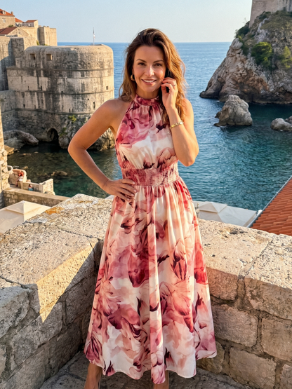 Gundula-Marie | Midikleid mit Aquarelldruck in Oliv