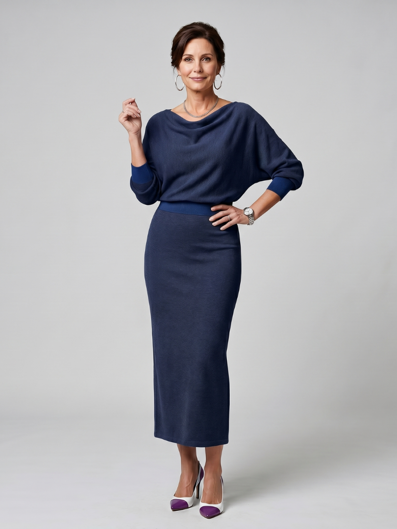 Reinhilde | Strickkleid in Grau mit Wasserfallausschnitt