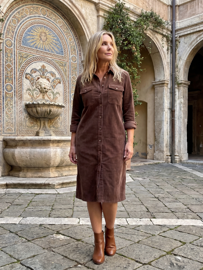 Beatrix | Hemdblusenkleid in Camel aus Cordoptik