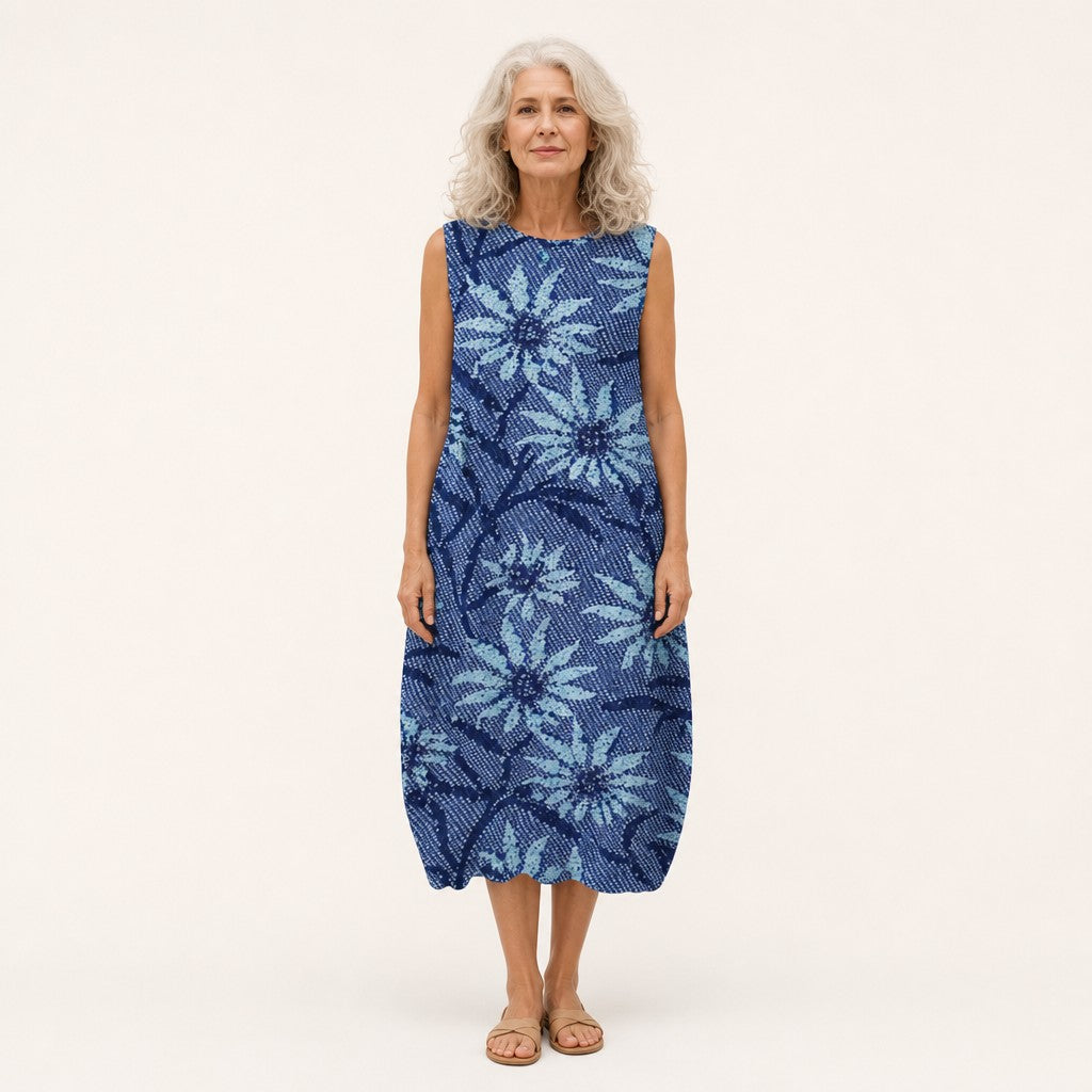 Ute | Ärmelloses Sommerkleid mit Blaudruck