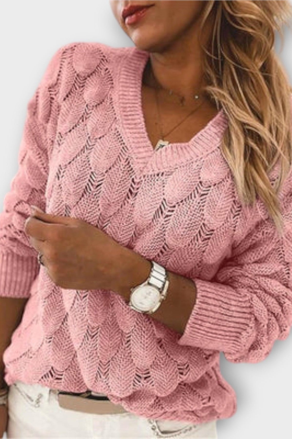 Agnes | Grauer Zopfmusterpullover mit V-Ausschnitt