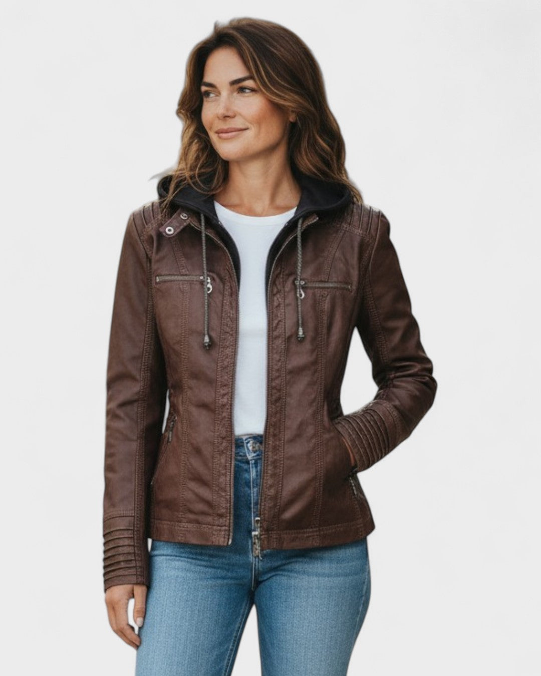 Roberta | Braune Kapuzenjacke in Lederoptik