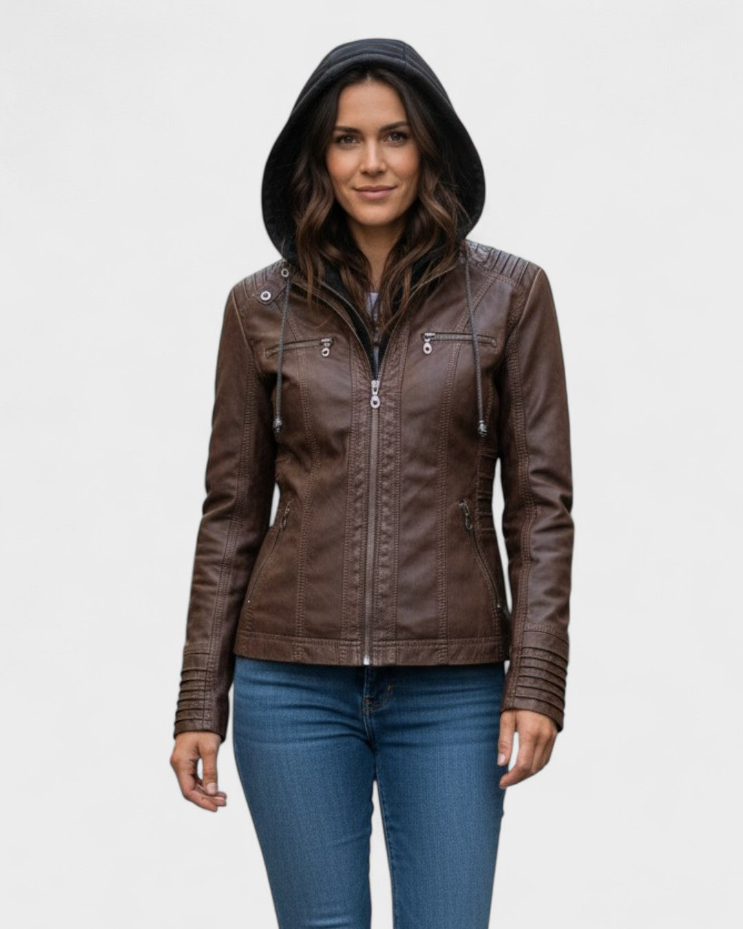 Roberta | Braune Kapuzenjacke in Lederoptik