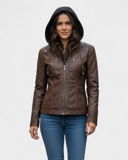 Roberta | Braune Kapuzenjacke in Lederoptik