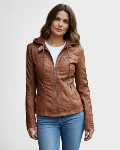 Roberta | Braune Kapuzenjacke in Lederoptik
