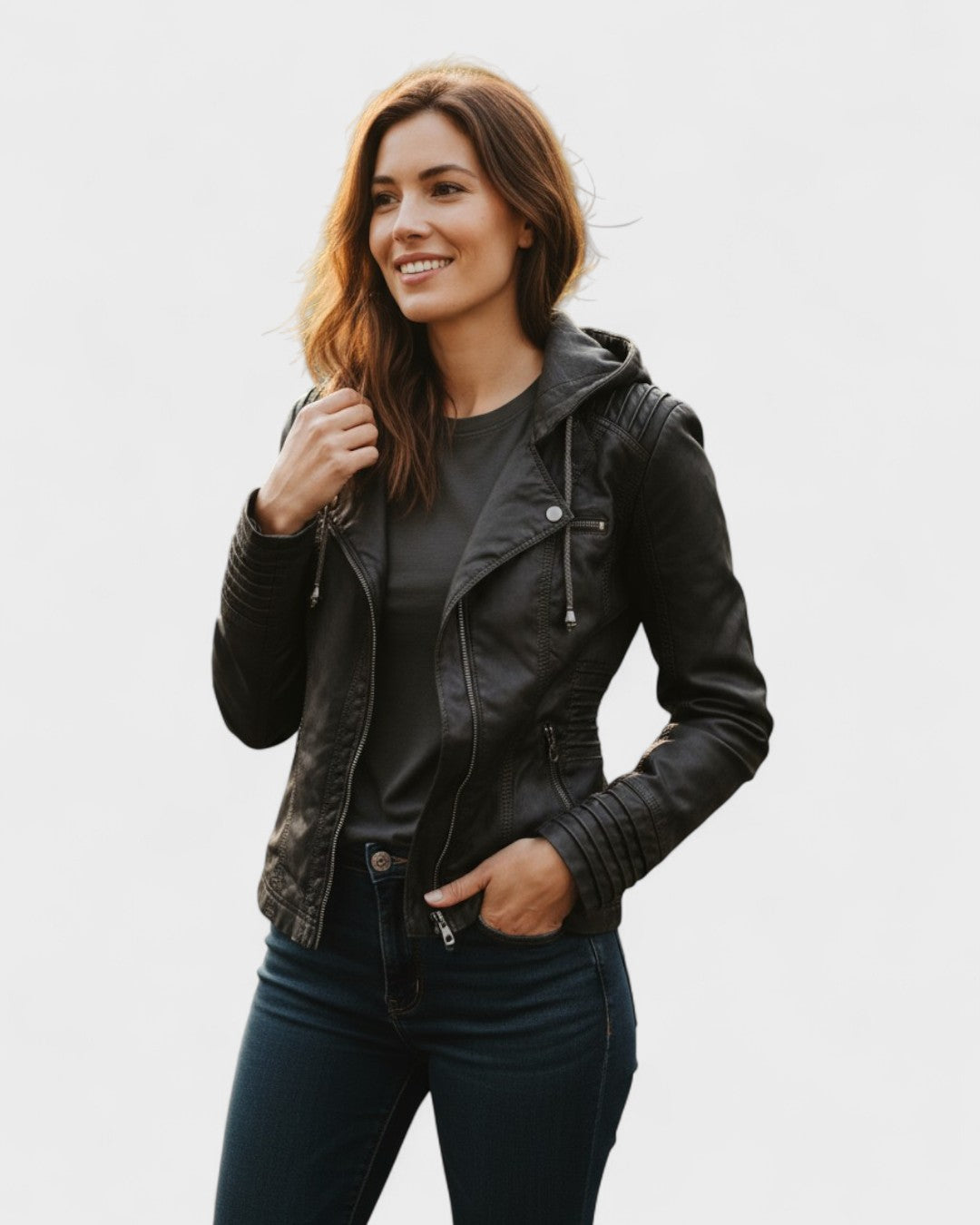 Roberta | Braune Kapuzenjacke in Lederoptik