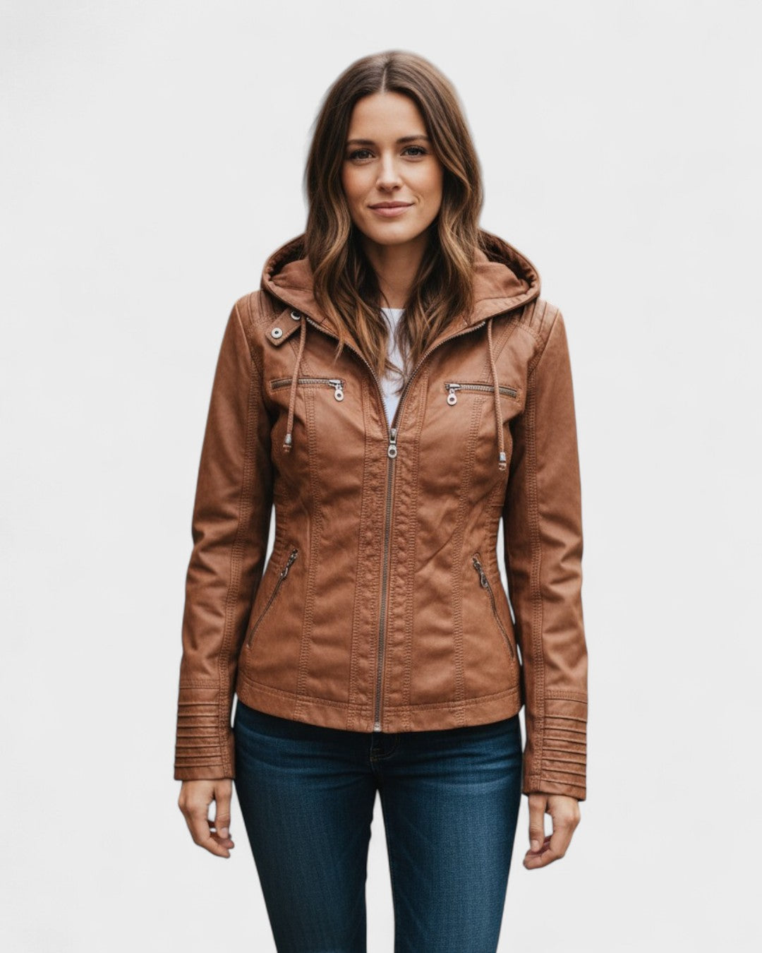 Roberta | Braune Kapuzenjacke in Lederoptik