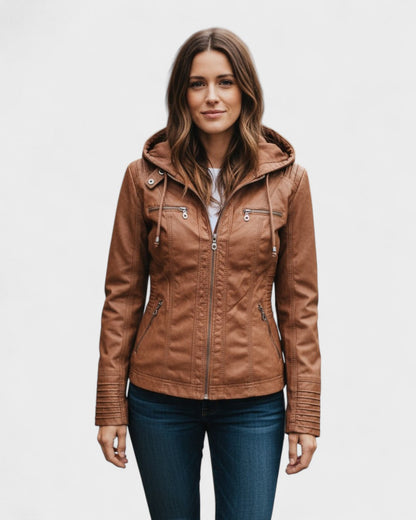 Roberta | Braune Kapuzenjacke in Lederoptik