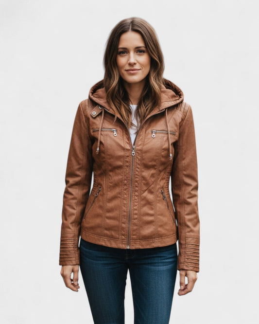 Roberta | Braune Kapuzenjacke in Lederoptik