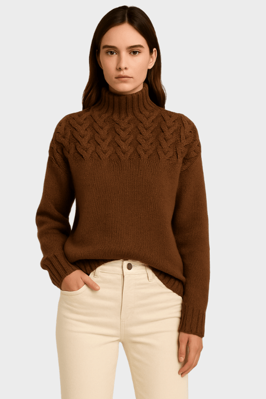 Alma | Brauner Rollkragenpullover mit Zopfmuster
