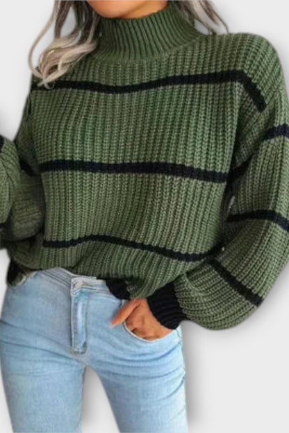 Alma | Olivgrüner gestreifter Strickpullover