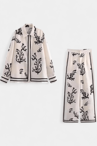 Amelia | Gemustertes Langarm-Oberteil & weite Hose Set
