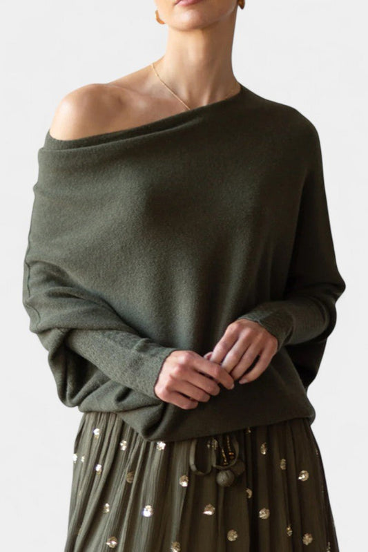 Andrea | Olivgrüner schulterfreier Pullover