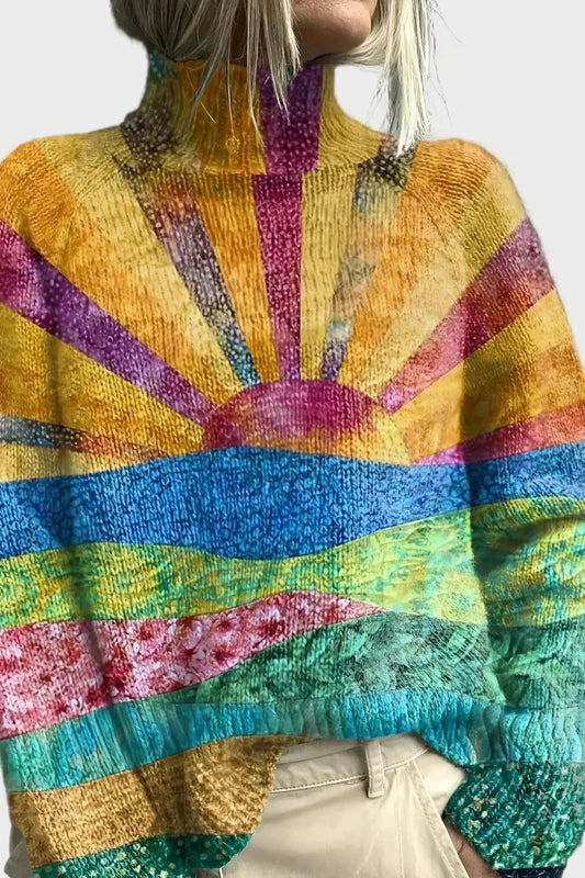 Annette | Bunter Strickpullover mit Sonnenaufgang-Motiv