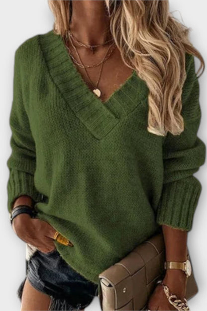Annette | Schwarzer gerippter Pullover mit V-Ausschnitt