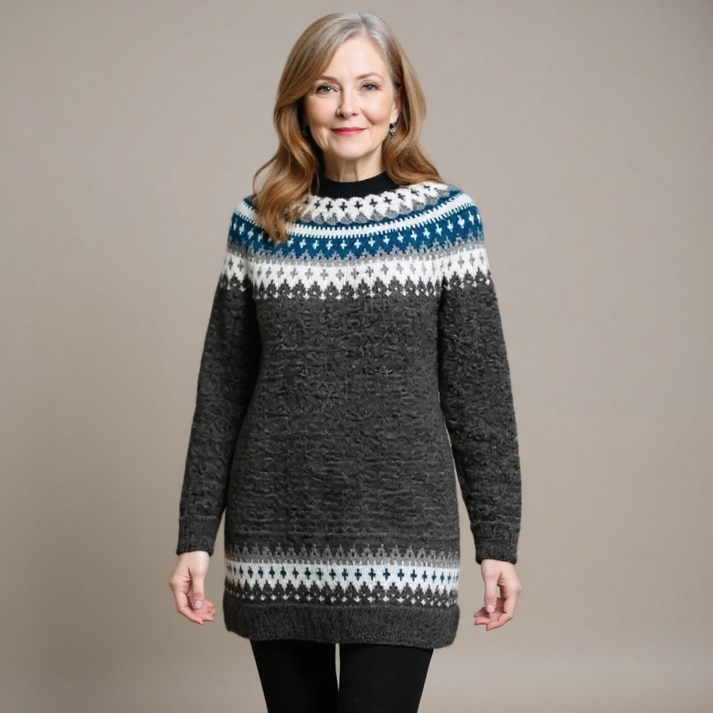 Adelheid | Langer Strickpullover mit Fair-Isle-Muster in Anthrazit und Blau