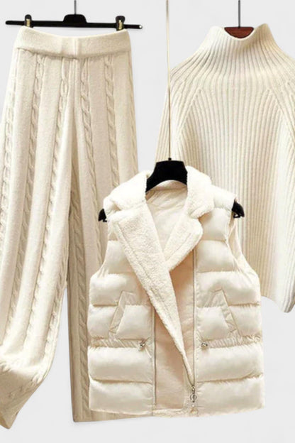 Esther | Zopfmusterpullover, Steppweste & Hose Set