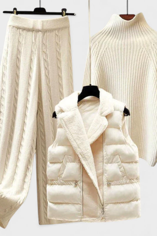 Esther | Zopfmusterpullover, Steppweste & Hose Set