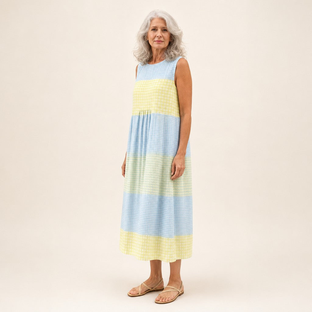 Irmtraud | Ärmelloses Sommerkleid mit Karo in Gelb und Blau