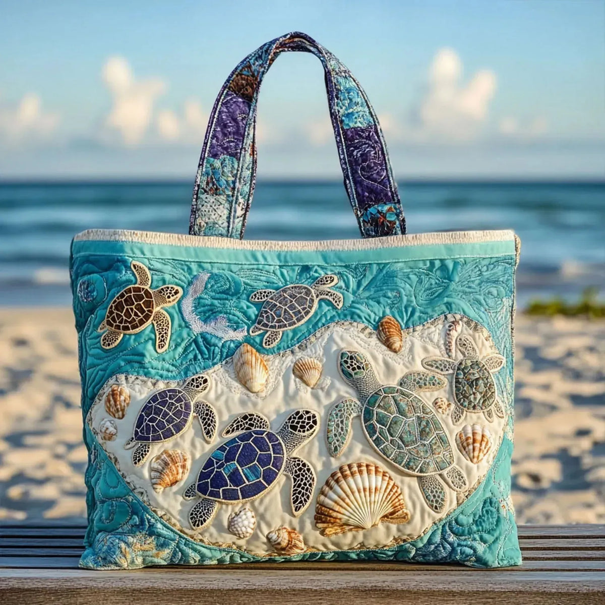 Ina | Gesteppte Tragetasche mit Motiv Schildkröten und Muscheln