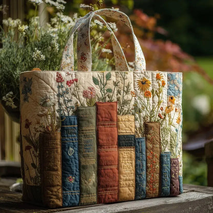 Nadja | Gesteppte Tragetasche mit Motiv Bücher und Wildblumen