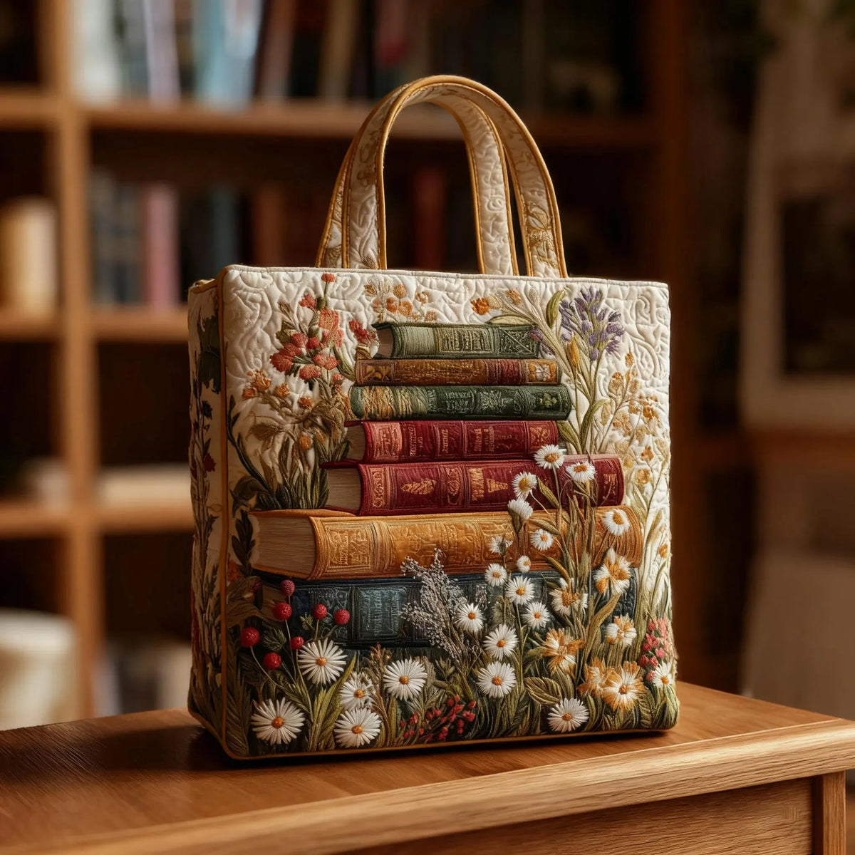 Martha | Gesteppte Tragetasche mit Motiv Bücher und Gänseblümchen