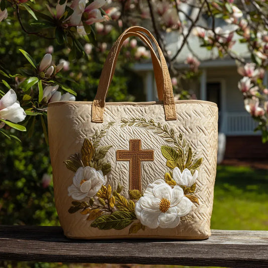 Luitgard | Gesteppte Tragetasche mit Motiv Holzkreuz und Magnolien