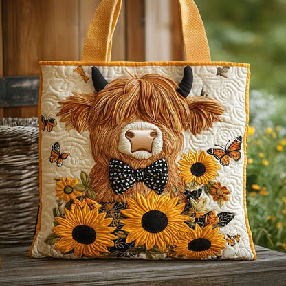 Hulda | Gesteppte Tragetasche mit Motiv Hochlandrind mit Sonnenblumen