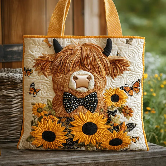 Hulda | Gesteppte Tragetasche mit Motiv Hochlandrind mit Sonnenblumen