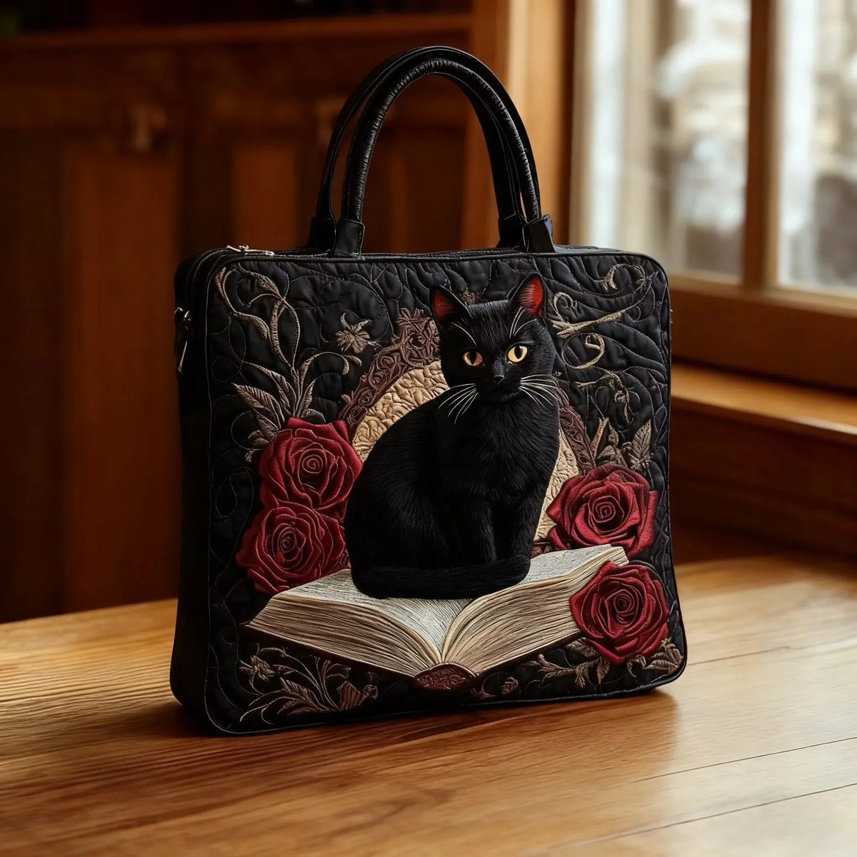 Lilli | Gesteppte Tragetasche mit Motiv Schwarze Katze und Rote Rosen