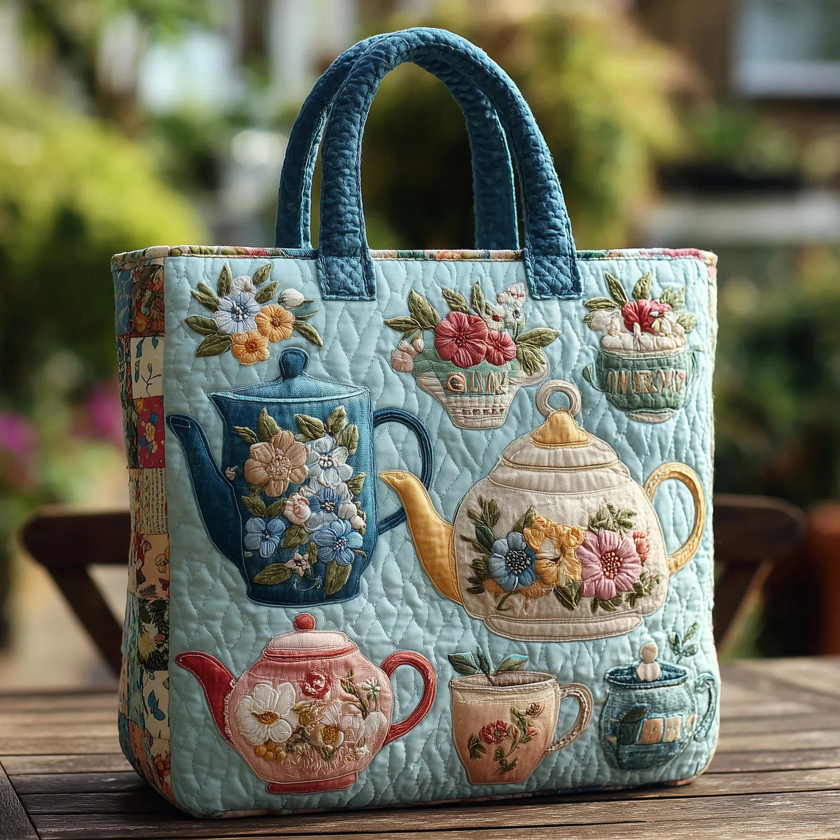 Friedegund | Gesteppte Tragetasche mit Motiv Florales Teeservice
