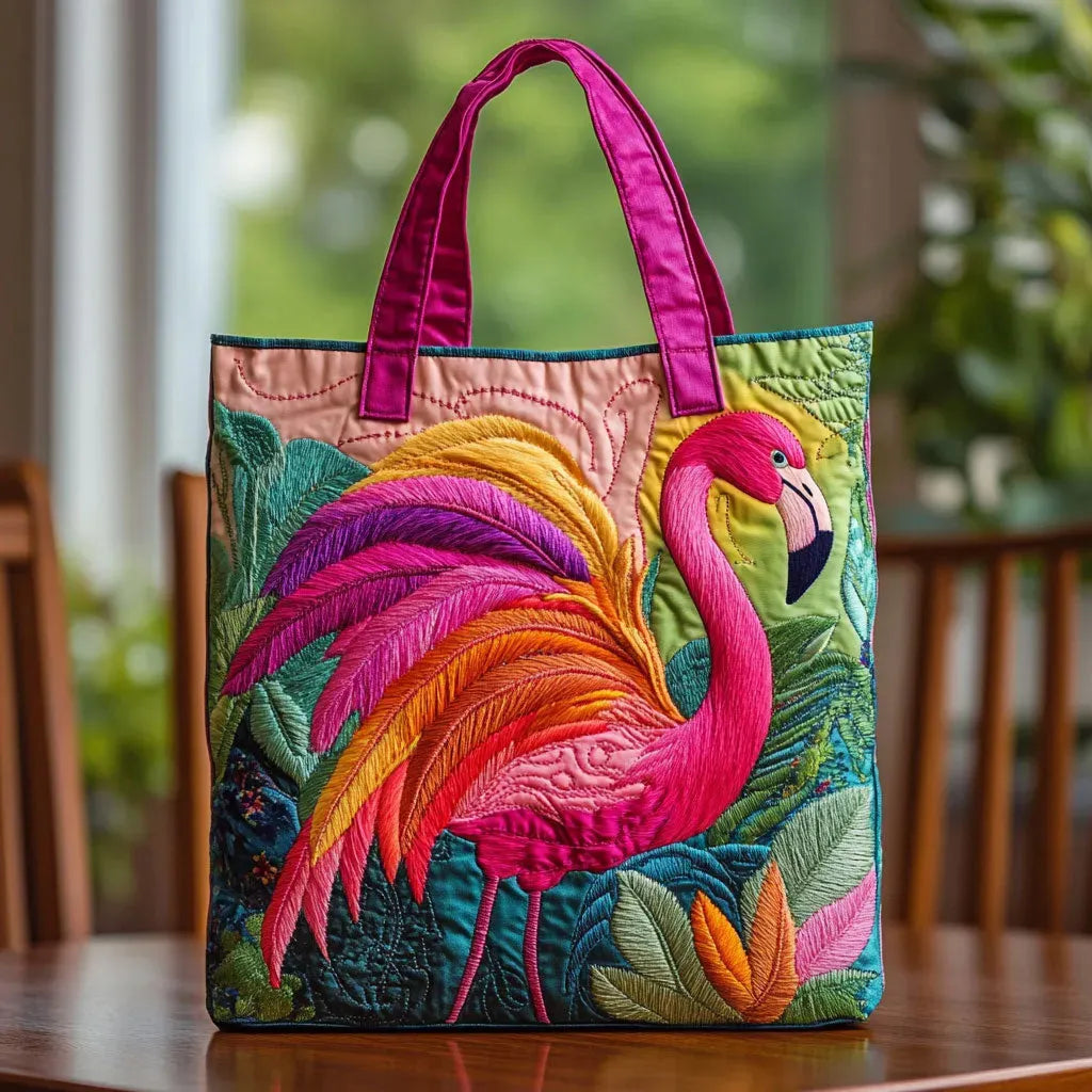 Hannah | Gesteppte Tragetasche mit Motiv Regenbogenflamingo