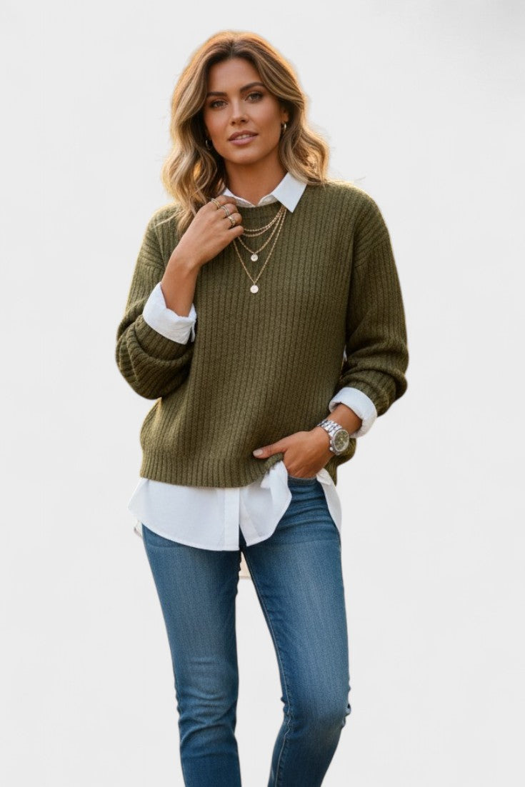 Barbara | Olivgrüner Pullover im Lagenlook