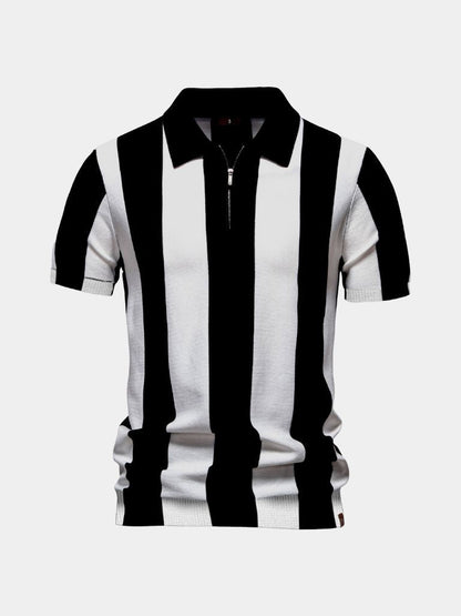 Bernd | Dunkelblaues Poloshirt mit Längsstreifen und Reißverschluss