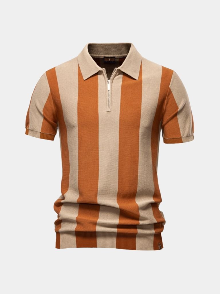 Bernd | Dunkelblaues Poloshirt mit Längsstreifen und Reißverschluss