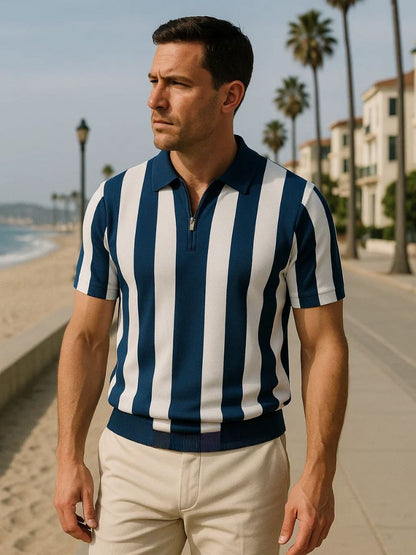 Bernd | Dunkelblaues Poloshirt mit Längsstreifen und Reißverschluss