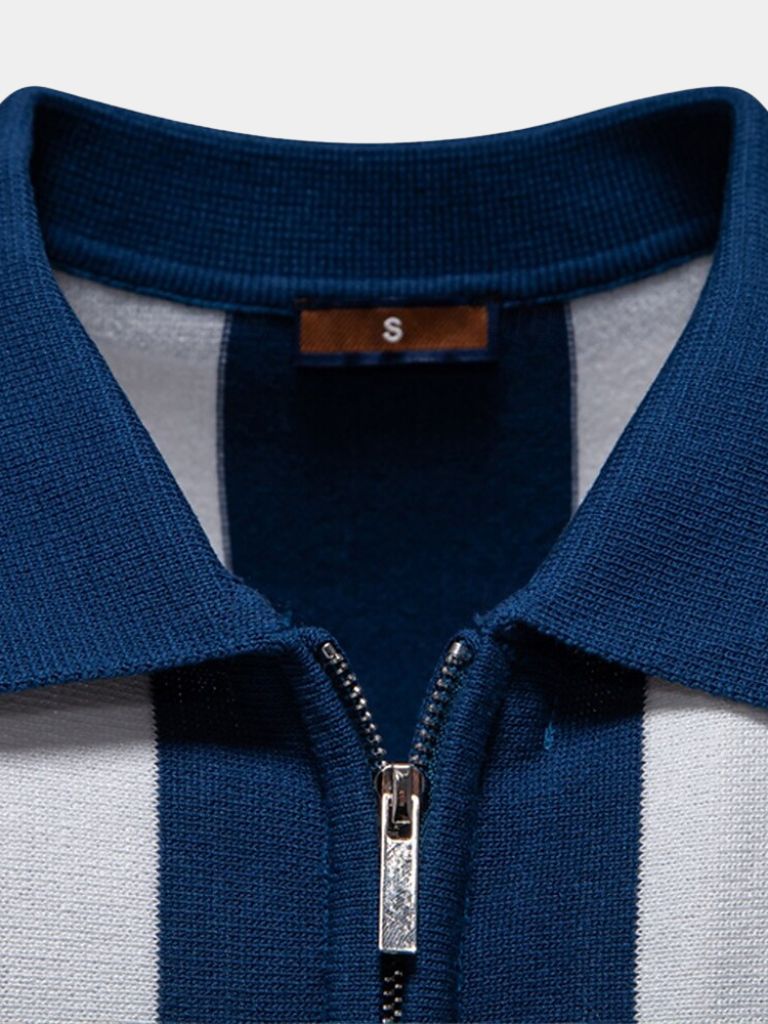Bernd | Dunkelblaues Poloshirt mit Längsstreifen und Reißverschluss